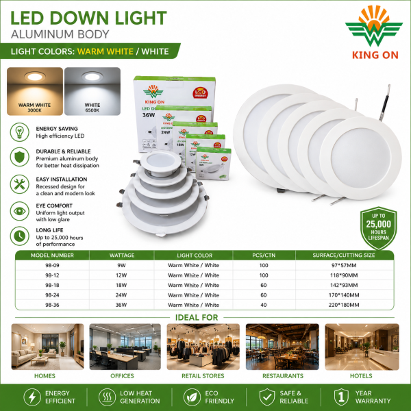 KING ON LED Down Light Aluminum Body 9W/12W/18W/24W/36W – White (6500K) / Warm White (3000K)