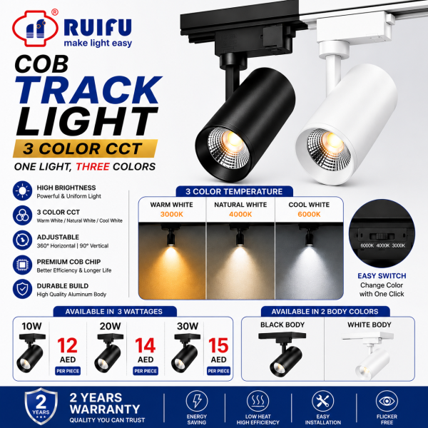 Ruifu COB LED Track Light 3CCT – 10W / 20W / 30W – Adjustable Track Spotlight – Black & White Finish