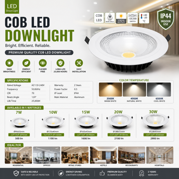 T&M COB LED Recessed Downlight 7W / 10W / 15W / 20W / 30W | Aluminium Body | 3000K / 4000K / 6500K
