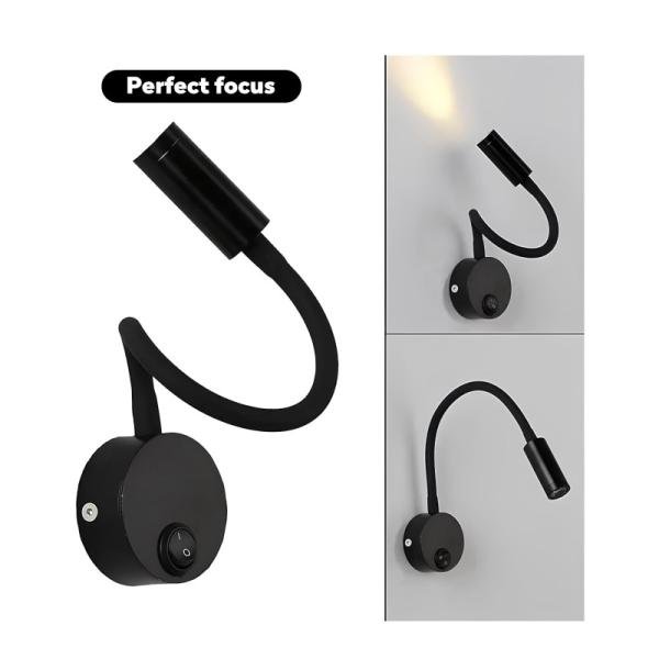 ALITE Wall-Mounted LED Reading Light - 3W, 3000K Warm White, Flexible Gooseneck, Black Finish