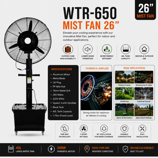 WTR-650 26" Industrial Mist Fan with 40L Water Tank – 260W Outdoor Cooling Fan