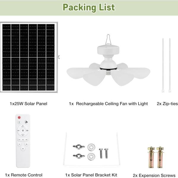 SOLAR CEILING FAN, 25W SOLAR POWERED RECHARGEABLE CEILING FAN WITH LIGHT, 32WH/10000MAH BATTERY BACKUP, REMOTE CONTROL